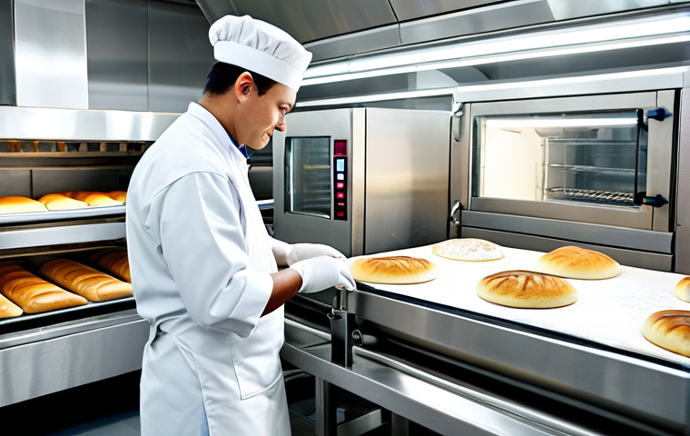 제과제빵 업계에서 선호하는 기술 - **Automated Dough Perfection:**
    "A wide shot inside a modern, pristine bakery. In the foreground...
