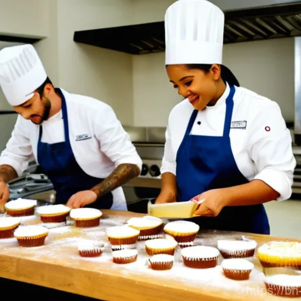 제과제빵 분야의 인기 자격증 - **Prompt:** A vibrant scene inside a modern, professional baking school kitchen. A diverse group of ...