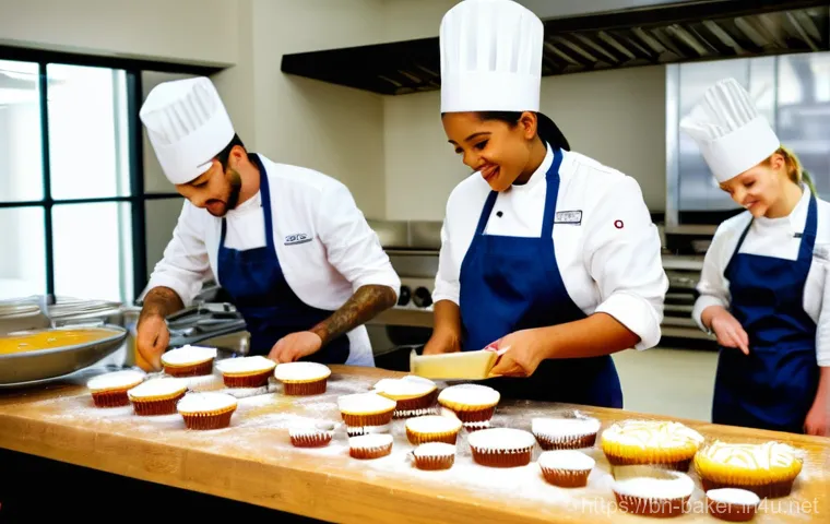 제과제빵 분야의 인기 자격증 - **Prompt:** A vibrant scene inside a modern, professional baking school kitchen. A diverse group of ...