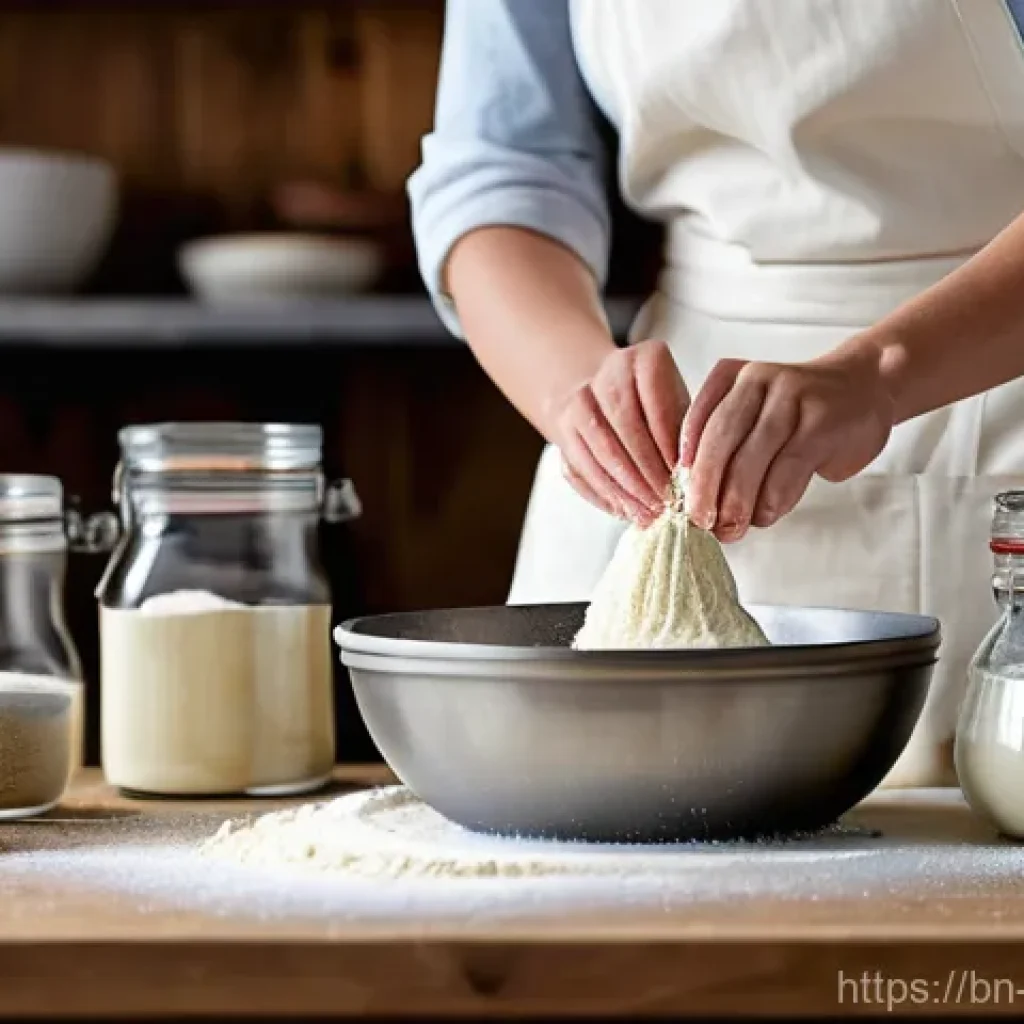 제과제빵 실무와 이론 차이점 - **Prompt:** A serene female baker, dressed in a tasteful and clean apron over casual clothing, is me...