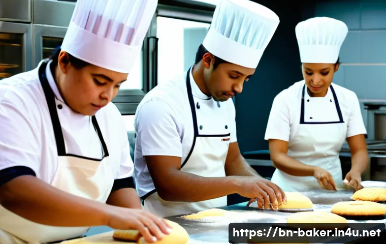 제과제빵 학원과 독학 비교 - A professional bakery classroom scene featuring a diverse group of adult students attentively learni...