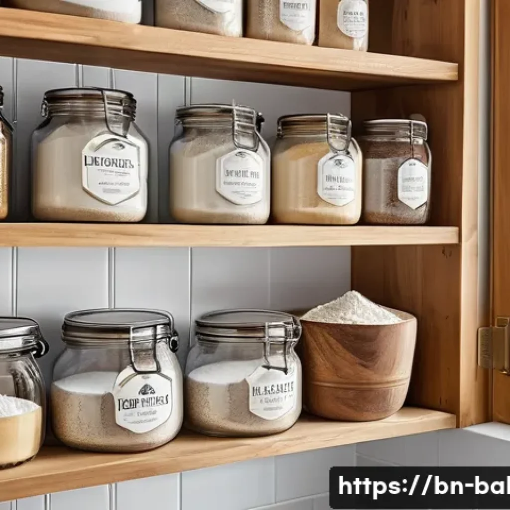 제과제빵 제품별 재료 이해하기 - A detailed bakery kitchen scene showcasing a variety of flours including bread flour, cake flour, an...