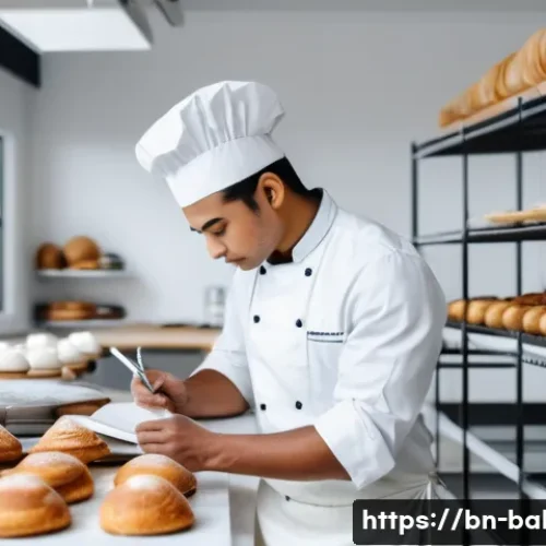 제과제빵 자격증 공부 방법 Q A - A professional bakery kitchen scene with a young Bengali male pastry chef wearing clean, modern chef...