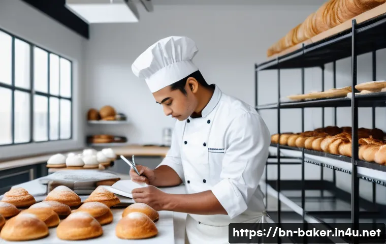 제과제빵 자격증 공부 방법 Q A - A professional bakery kitchen scene with a young Bengali male pastry chef wearing clean, modern chef...