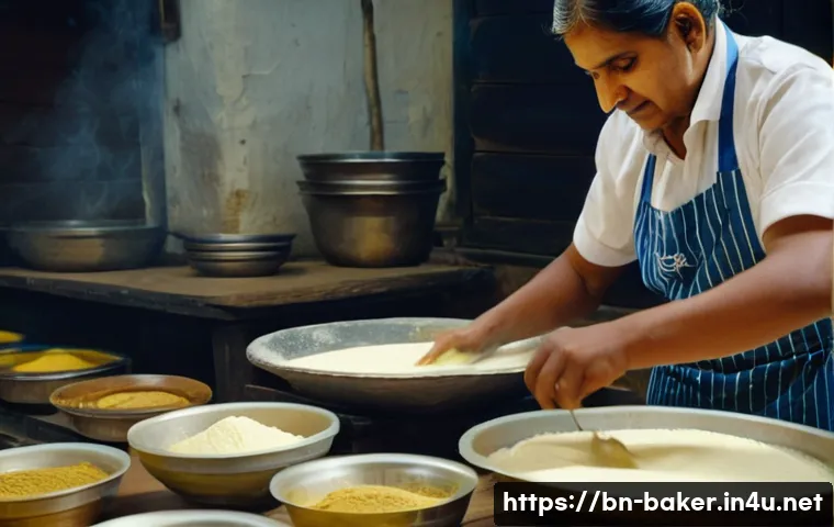 제과제빵 현장 경험이 필요한 이유 - A detailed scene inside a traditional Bengali bakery kitchen, showing a skilled Bengali baker carefu...