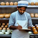 제과제빵 관련 업무 일기 작성법 - A detailed bakery production scene showing a Bengali bakery worker wearing a clean apron and hairnet...