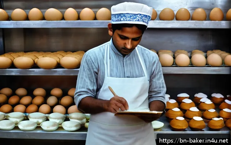 제과제빵 관련 업무 일기 작성법 - A detailed bakery production scene showing a Bengali bakery worker wearing a clean apron and hairnet...